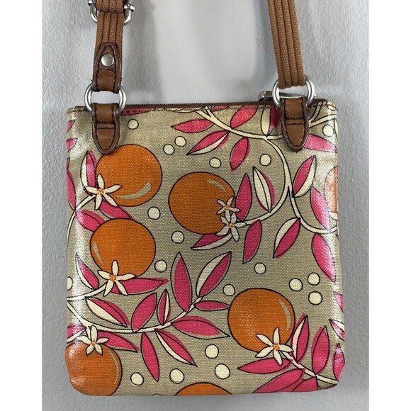 Fossil Key Per Crossbody Bag Coated Canvas Floral Orange Pink Tan VTG Y2K Boho - Picture 2 of 8